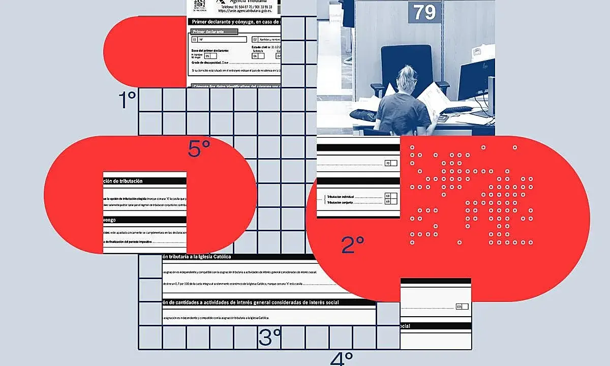 Formularios de la Agencia Tributaria y una persona en una oficina, recordando los plazos del IRPF.