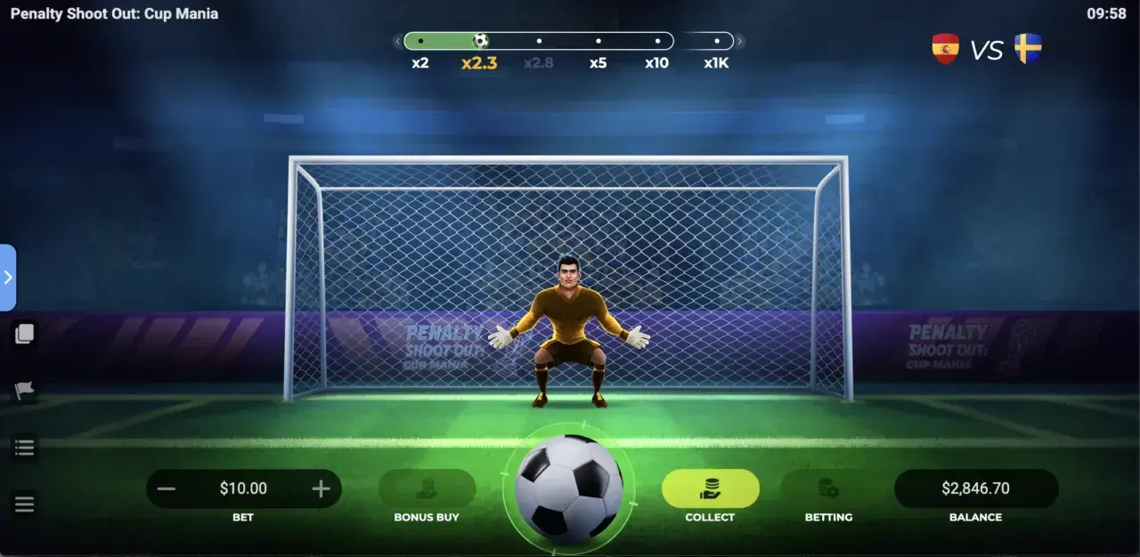 Jugador de Penalty Shoot Out: Cup Mania listo para el tiro, con multiplicadores progresivos x2.3, x2.8, x5, x10, x1K.