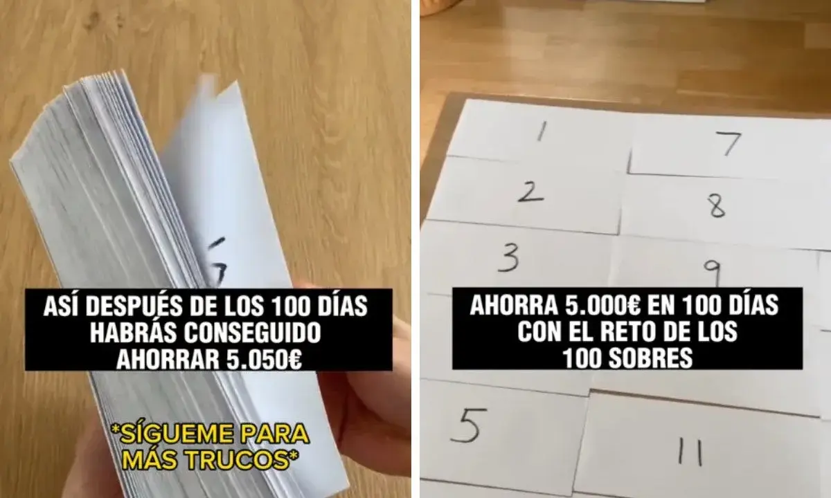 Reto de 100 sobres para saber como ahorrar dinero si gano poco. Muestra un montón de sobres numerados y un bloc de notas.