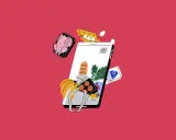 Un teléfono muestra alimentos, como pollo, pan y pescado, flotando alrededor. Esto ilustra cómo se calcula el IPC, rastreando los precios de los alimentos.