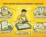 Un hombre registra pagos de arriendo y servicios. Identifica el origen, usa una app, archiva facturas y cumple fechas. El pago recurrente es clave.