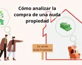 Pareja joven analiza la compra de una nuda propiedad, pensando en inversión y dinero. Un cartel indica "Se vende Nuda Propiedad".