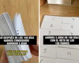 Reto de 100 sobres para saber como ahorrar dinero si gano poco. Muestra un montón de sobres numerados y un bloc de notas.