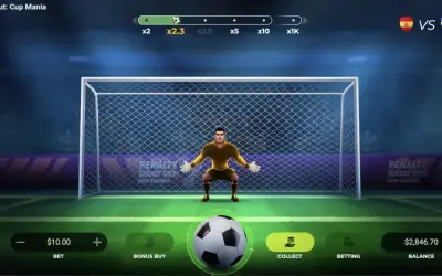 Jugador de Penalty Shoot Out: Cup Mania listo para el tiro, con multiplicadores progresivos x2.3, x2.8, x5, x10, x1K.