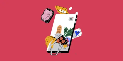 Un teléfono muestra alimentos, como pollo, pan y pescado, flotando alrededor. Esto ilustra cómo se calcula el IPC, rastreando los precios de los alimentos.