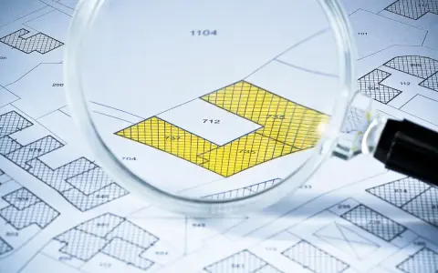 Lupa sobre plano catastral, resaltando parcelas amarillas con números. Detalle para calcular el valor catastral de una vivienda.
