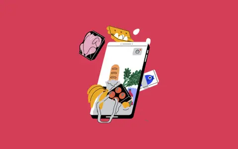 Un teléfono muestra alimentos, como pollo, pan y pescado, flotando alrededor. Esto ilustra cómo se calcula el IPC, rastreando los precios de los alimentos.