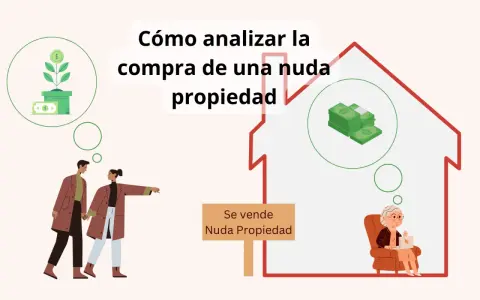 Pareja joven analiza la compra de una nuda propiedad, pensando en inversión y dinero. Un cartel indica "Se vende Nuda Propiedad".