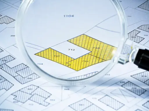Lupa sobre plano catastral, resaltando parcelas amarillas con números. Detalle para calcular el valor catastral de una vivienda.