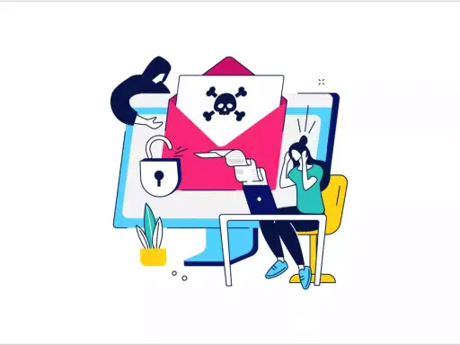 Ilustración de una persona angustiada ante una pantalla de ordenador con un sobre abierto que contiene una calavera y huesos cruzados, simbolizando una estafa de transferencia bancaria.