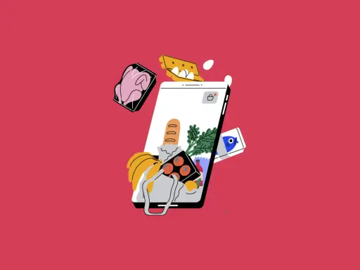 Un teléfono muestra alimentos, como pollo, pan y pescado, flotando alrededor. Esto ilustra cómo se calcula el IPC, rastreando los precios de los alimentos.
