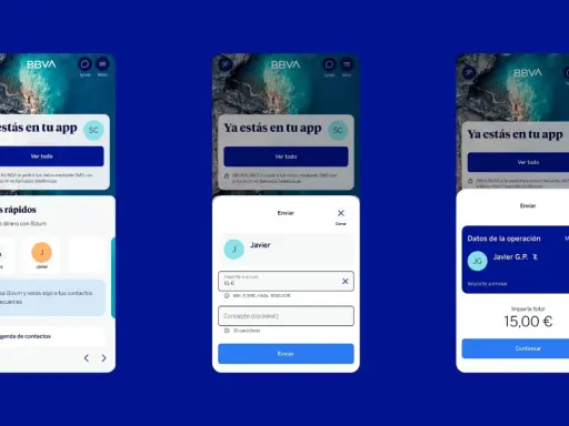 Envío de dinero con Bizum en la app BBVA. Javier envía 15€ a Javier G.P.