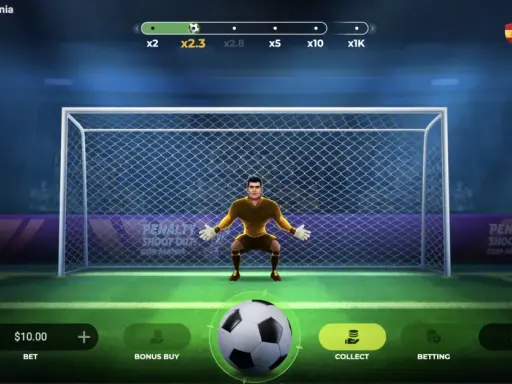 Jugador de Penalty Shoot Out: Cup Mania listo para el tiro, con multiplicadores progresivos x2.3, x2.8, x5, x10, x1K.