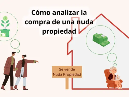 Pareja joven analiza la compra de una nuda propiedad, pensando en inversión y dinero. Un cartel indica "Se vende Nuda Propiedad".