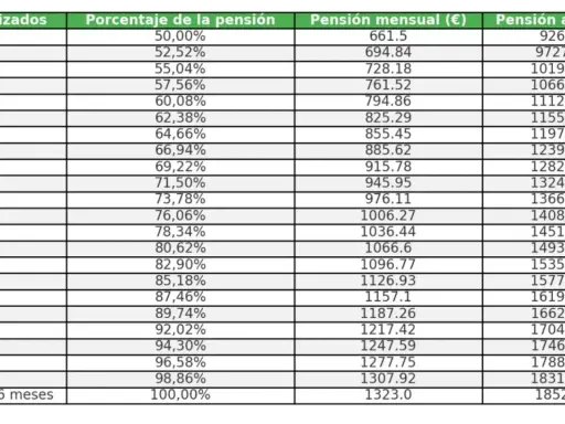 Tabla para calcular mi jubilación: años cotizados, porcentaje, pensión mensual y anual en euros.