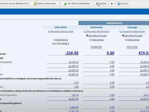 Comparativa de declaraciones: conjunta (-326,95) vs. individuales (0,00 y 474,51). La opción conjunta es la más favorable, una deducción clara.
