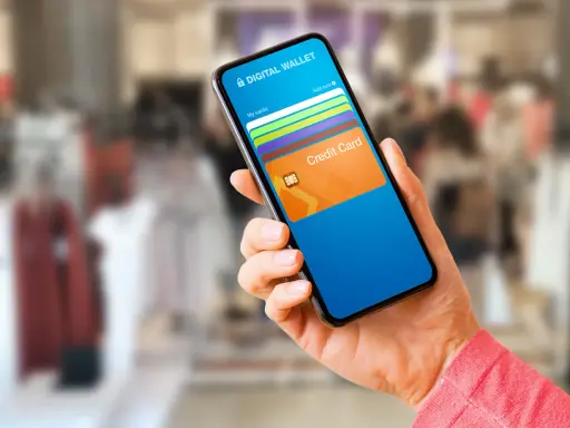 Mano sostiene un teléfono con una aplicación de wallet digital que muestra tarjetas de crédito.