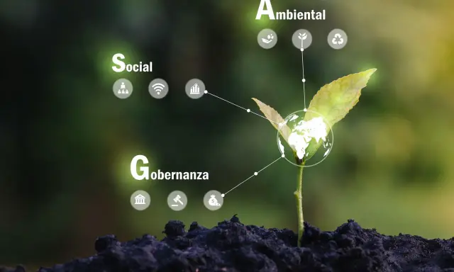 Planta joven con globo terráqueo y conceptos de **inversión ESG**: Social, Ambiental y Gobernanza, simbolizando crecimiento sostenible.