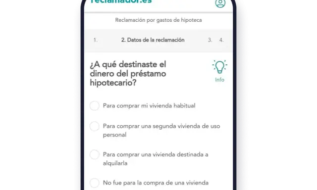 Formulario de reclamador.es para reclamaciones BBVA sobre gastos de hipoteca. Pregunta sobre el destino del dinero del préstamo.