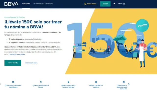 ¡Llévate 150€ por traer tu nómina a BBVA! Promoción para clientes que cambien su nómina.