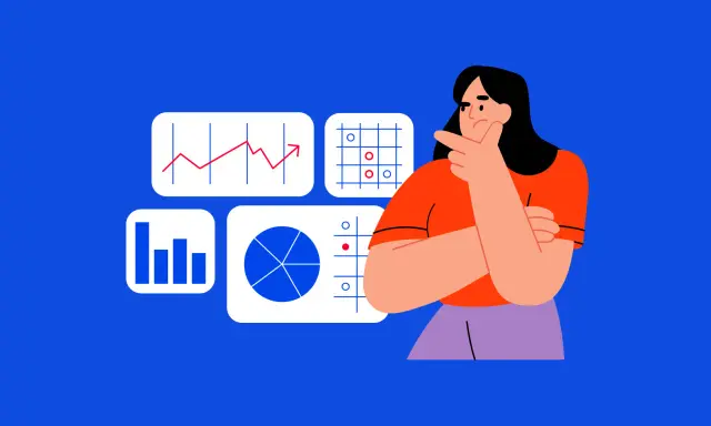 Mujer pensativa analizando gráficos y datos, considerando comprar acciones.