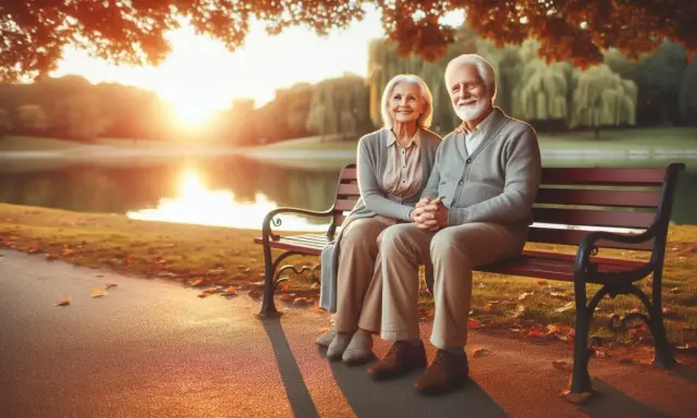 Pareja mayor sonríe sentada en un banco junto a un lago al atardecer, disfrutando de la tranquilidad que les brinda su paga vitalicia.