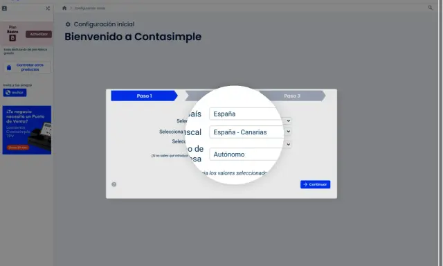 Configuración de Contasimple: se selecciona "España - Canarias" como país, indicando la aplicación del IVA Canarias.