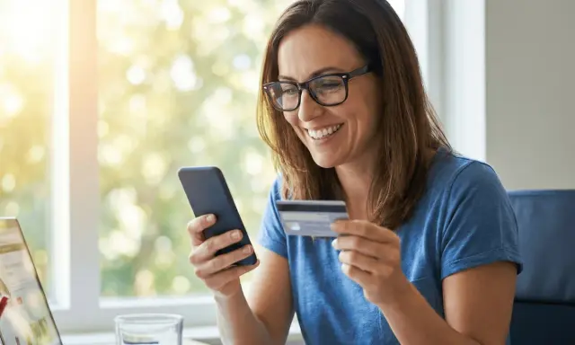 Mujer sonríe mientras usa su móvil y tarjeta para activar tarjeta BBVA.