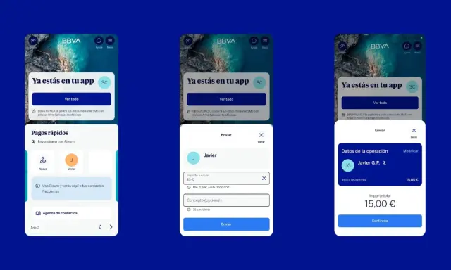 Envío de dinero con Bizum en la app BBVA. Javier envía 15€ a Javier G.P.
