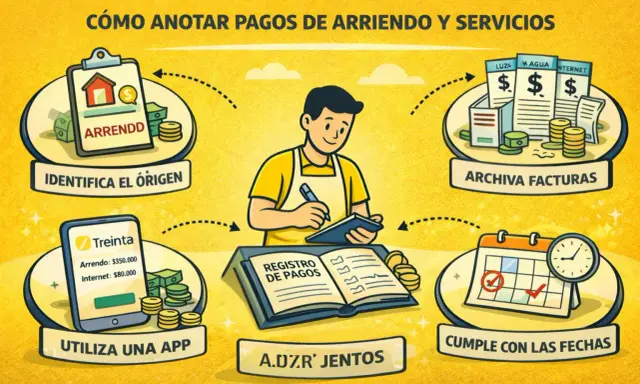 Un hombre registra pagos de arriendo y servicios. Identifica el origen, usa una app, archiva facturas y cumple fechas. El pago recurrente es clave.