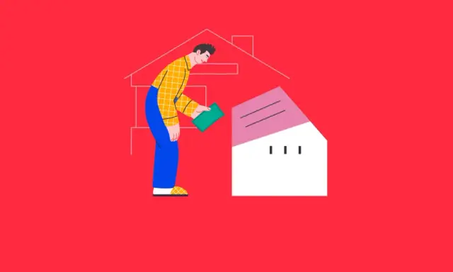Hombre con dinero verde planea sus gastos compra vivienda, construyendo una casa estilizada.