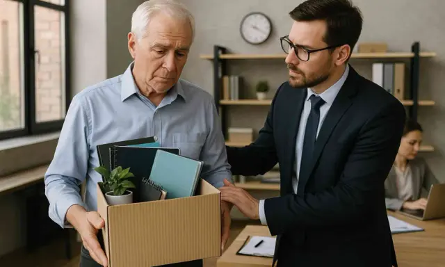 Hombre mayor con caja de pertenencias, recibe apoyo de un colega. Podría ser una tabla de jubilación anticipada involuntaria.