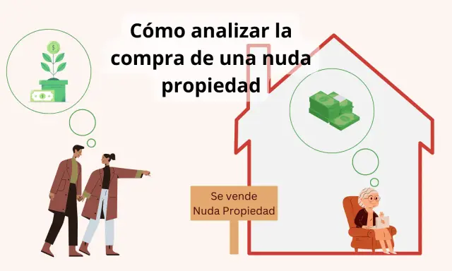 Pareja joven analiza la compra de una nuda propiedad, pensando en inversión y dinero. Un cartel indica "Se vende Nuda Propiedad".