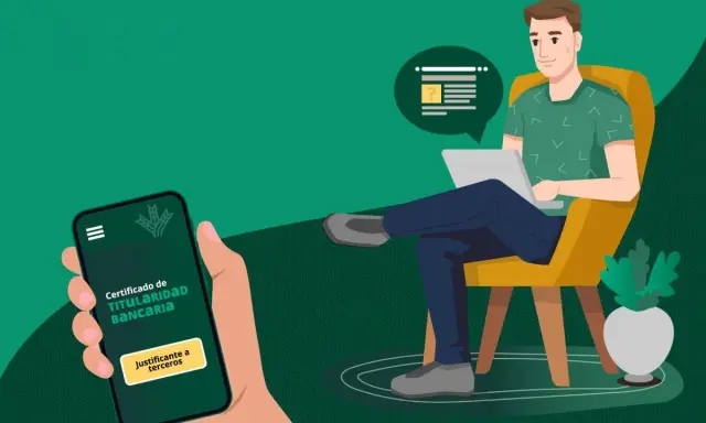 Mano sostiene móvil con certificado de titularidad bancaria. Hombre en silla con laptop.