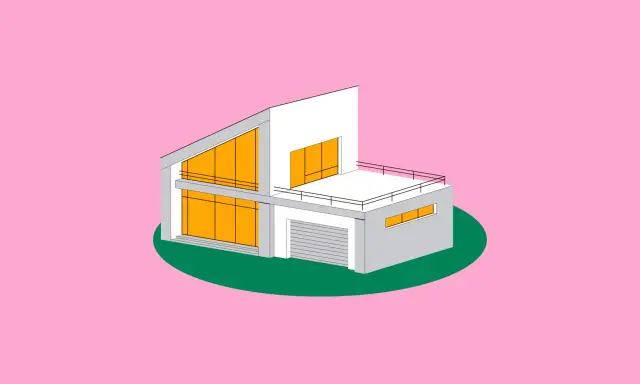 Casa moderna con grandes ventanales naranjas. Representa la diferencia entre urbano y urbanizable.