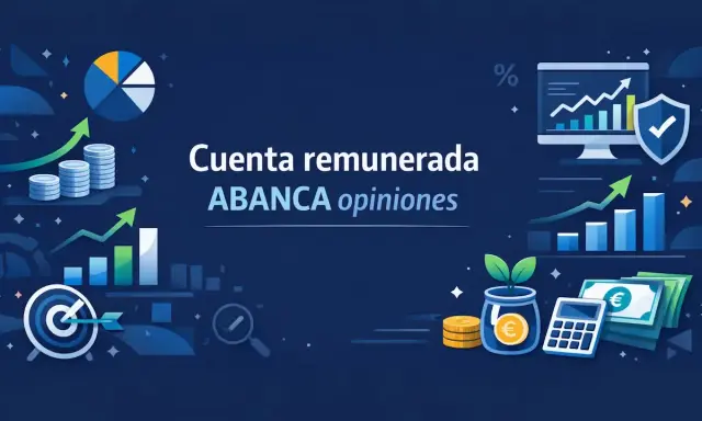 Gráficos de crecimiento financiero, monedas y una calculadora, con el texto "Cuenta remunerada ABANCA opiniones".