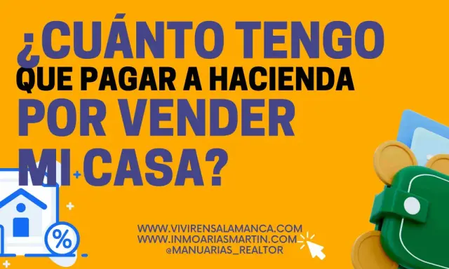 ¿Cuánto tengo que pagar a Hacienda por la venta de un piso? Icono de casa, dinero y porcentaje.