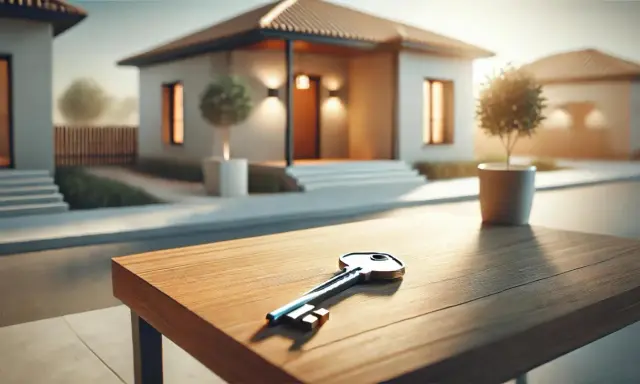 Llave sobre mesa de madera, con casas modernas al fondo. Una oportunidad de alquiler con opción a compra.