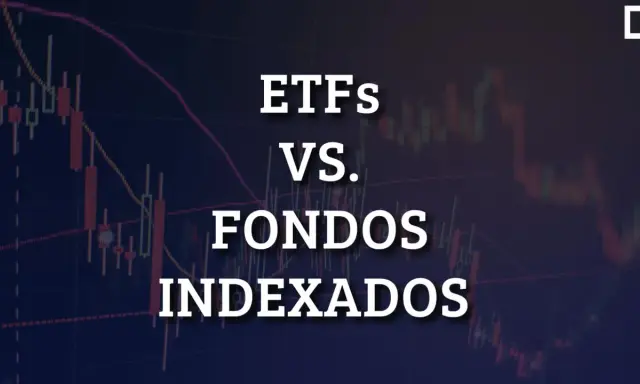 Gráfico de velas con texto "ETFs VS. FONDOS INDEXADOS". Explora la diferencia entre ETF y fondo indexado.