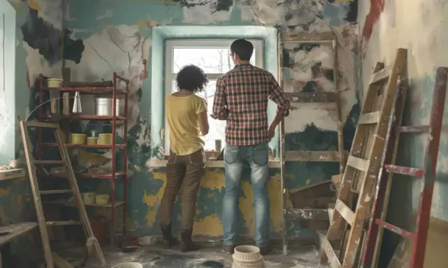 Pareja evalúa cuánto cuesta reformar una casa, rodeada de escaleras y materiales de construcción en una habitación en ruinas.