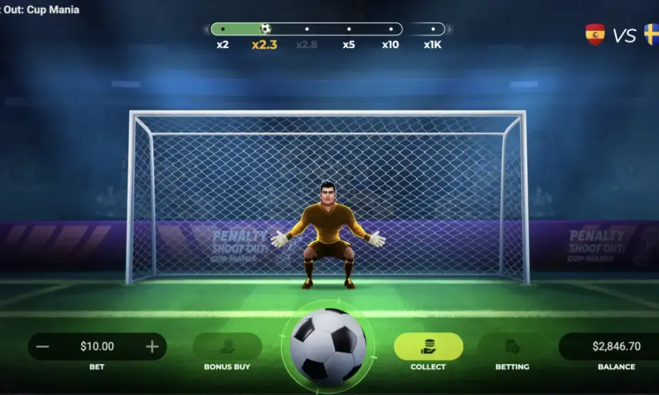 Jugador de Penalty Shoot Out: Cup Mania listo para el tiro, con multiplicadores progresivos x2.3, x2.8, x5, x10, x1K.