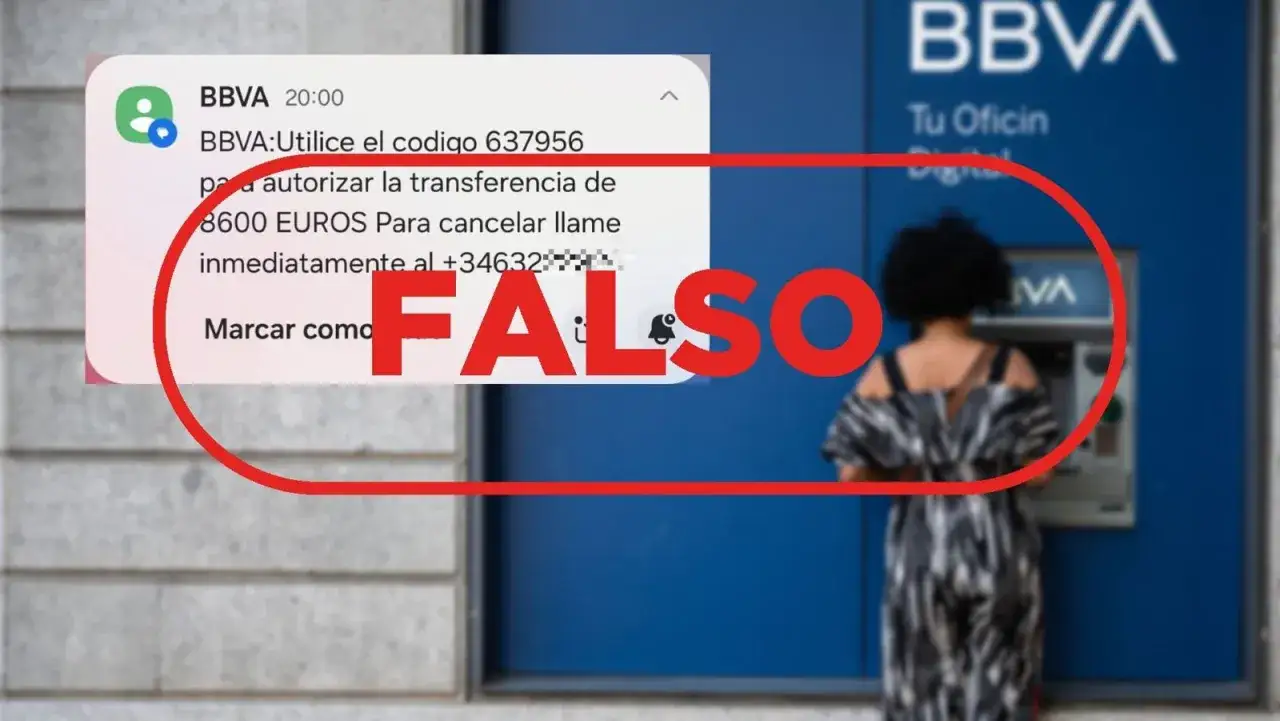 Alerta de estafa transferencia bancaria: mensaje falso de BBVA pidiendo c&oacute;digo para autorizar 8600&euro;.