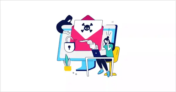 Ilustración de una persona angustiada ante una pantalla de ordenador con un sobre abierto que contiene una calavera y huesos cruzados, simbolizando una estafa de transferencia bancaria.