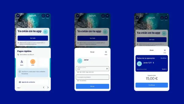 Envío de dinero con Bizum en la app BBVA. Javier envía 15€ a Javier G.P.